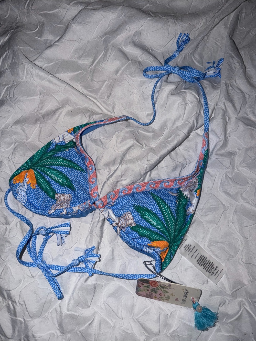 Johnny Was Blue Tropical Palm Triangle Bikini Top with Green Palms